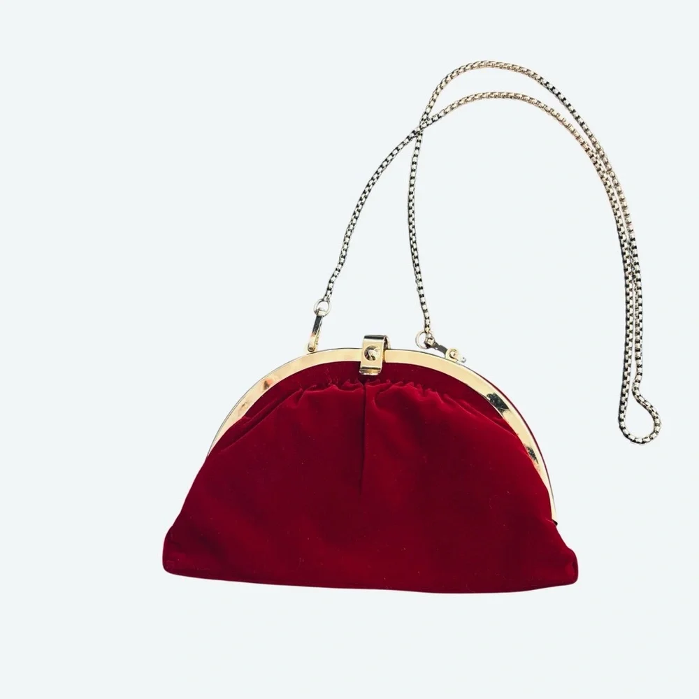 Amibika Vintage  Red Velvet Formal-Event Purse Bag Clutch with Golden Hardware